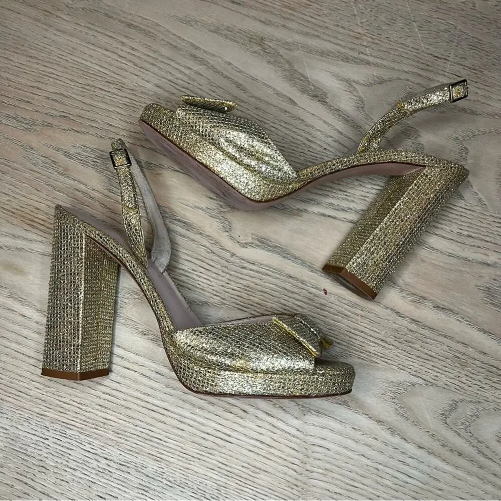 kate spade ♠️ new york Briana Platform Block Heel Gold Glitter Heels Women’s 7.5